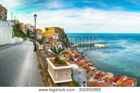 Beautiful Seaside Town Village Scilla With Old Medieval Castle On Rock Castello Ruffo, Colorful Trad