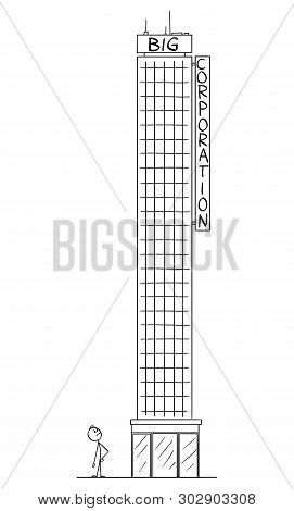 Vector Cartoon Stick Figure Drawing Conceptual Illustration Of Small Man Or Businessman Standing Nea