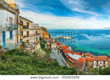 Beautiful Seaside Town Village Scilla With Old Medieval Castle On Rock Castello Ruffo, Colorful Trad