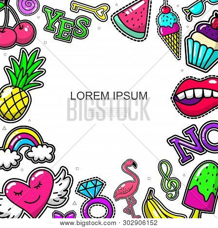 Comic Fashion Patches Concept With Fruits Cake Ice Cream Treble Clef Rainbow Cherry Ring Flamingo Ke