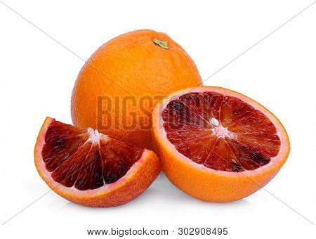 Whole And Half Blood Orange With Slice Isolated On White Background