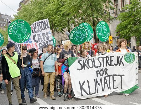 Stockholm, Sweden - May 24, 2019: Greta Thunberg And The Global Strike For Future, A Demonstration T