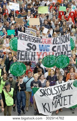 Stockholm, Sweden - May 24, 2019: Greta Thunberg And The Global Strike For Future, A Demonstration T