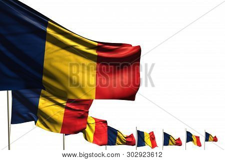Cute Independence Day Flag 3d Illustration
 - Many Romania Flags Placed Diagonal Isolated On White W