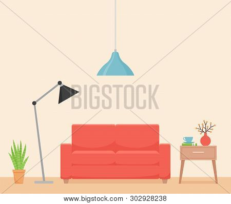 Room Interior. Vector. Living Room With Coral Sofa, Table And Lamp. Template Banner. Modern House Ba