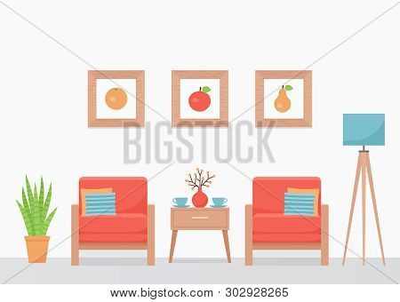 Room Interior. Vector. Living Room With Coral Armchairs And Coffee Table. Modern House Background Wi