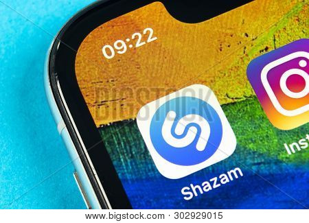 Helsinki, Finland, May 4, 2019: Shazam Application Icon On Apple Iphone X Screen Close-up. Shazam Ap