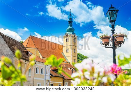 Beautiful Town Of Samobor, Croatia, Church Tower And Lantern In The Center Of City, Beautiful Spring