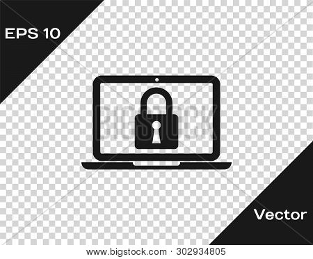 Grey Laptop And Lock Icon Isolated On Transparent Background. Computer And Padlock. Security, Safety