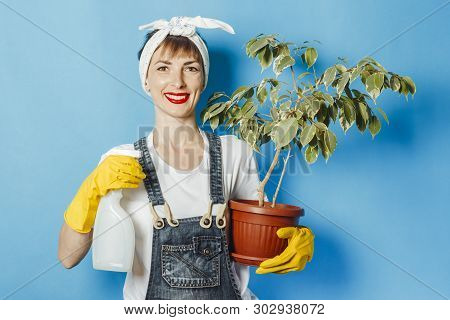 Young Woman In Rubber Gloves Holds A Flower Against A Blue Background. Cleaning Concept, Cleaning Se