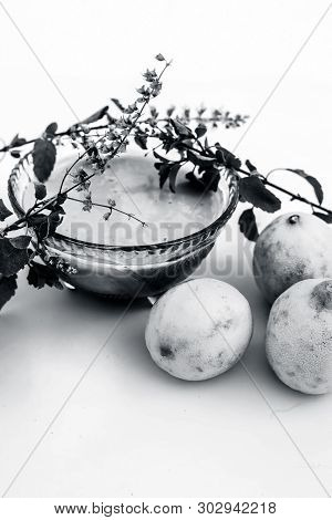 Lemon Face Pack Isolated On White I.e. Lime Juice Well Mixed With Tulsi Or Holy Basil's Juice.used F