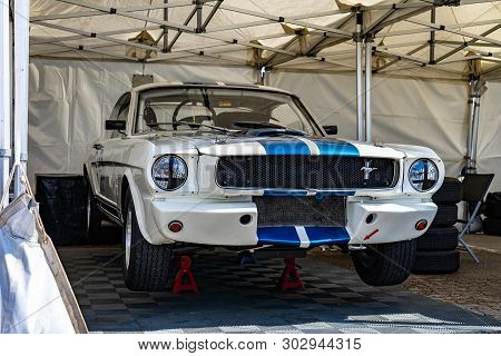 April 2019: Ford Shelby Gt 350 Cobra Mustang In Montjuic Spirit Barcelona Circuit Car Show.