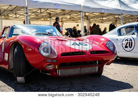 April 2019: Bizzarrini 5300 Gt In Montjuic Spirit Barcelona Circuit Car Show.
