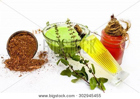 Tulsi Face Pack Isolated On White Consisting Of Sandal Wood Powder Well Mixed With Tulsi Leaves With
