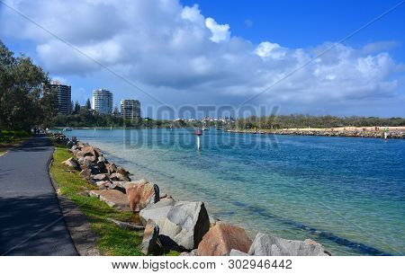 Buddina, Australia - Apr 21, 2019. Mooloolaba Marina On Mooloolah River On A Sunny But Cloudy Day. R