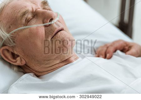 Cropped View Of Senior Woman With Husband In Coma In Hospital