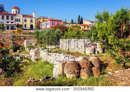 Library Of Hadrian In Athens, Greece. It Is An Old Famous Landmark Of Athens. Scenic View Of Ancient