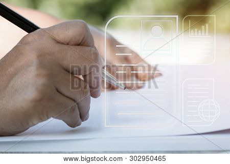 Document Report And Business Data System Business Hr Technology Concept: Businessman Manager Hands H