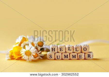 Bouquet Flower Camomila With Text Summer On Yellow Background. Summer Consept Background