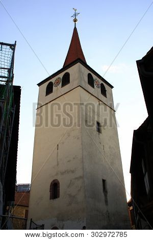 Recording Of The Historic Church Tower In The Village Of Weissach In The Backyard