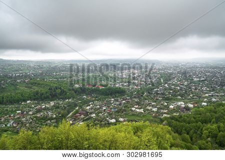 Panoramic View Of Village In Spring Mountain Forest. Kosiv, Ukraine