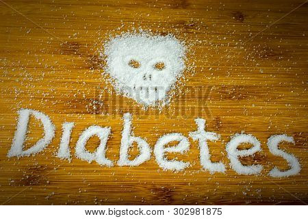 Sugar Skull Inscription Diabetes On The Table. Concept No Sugar Diet. Close Up, Selective Focus