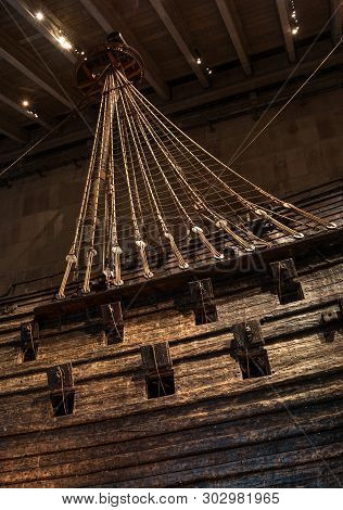 Stockholm, Sweden - April 20, 2019: Old Sailing Ship Vasa. Vasa Museum In Stockholm. View On Board T