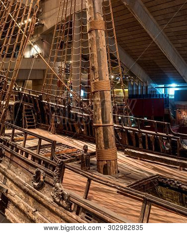 Stockholm, Sweden - April 20, 2019: Old Sailing Ship Vasa. Vasa Museum In Stockholm. View Of The Dec