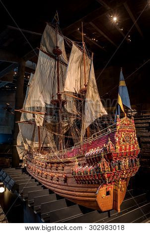 Stockholm, Sweden - April 20, 2019: Old Sailing Ship Vasa. Vasa Museum In Stockholm. Layout Ship Vas