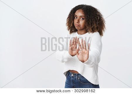 No Thak You. Intense Displeased And Disappointed Girl Unwilling Participate In Suspicious Action Pul