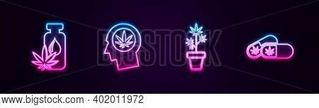 Set Line Marijuana Or Cannabis Leaf Oil, Head In Profile With Marijuana, Plant Pot And Medical Pills