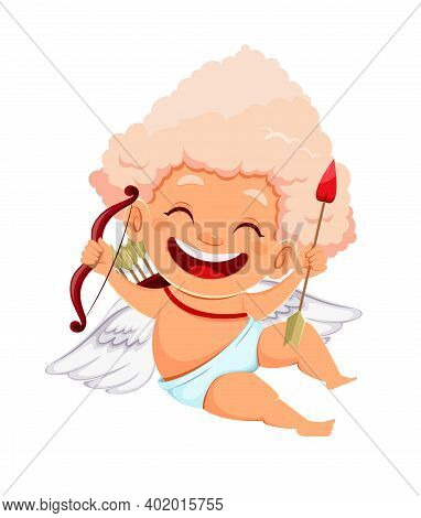 Happy Valentines Day. Greeting Card With Cute Funny Cupid Angel Holding Bow And Arrow. Cheerful Amur