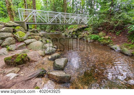 Majestic mountain river in Canada. Traboulay Port Coquitlam Park. Vancouver.