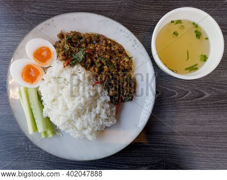 Thaifood Basil Chicken With Boiled Egg, Stock Photo