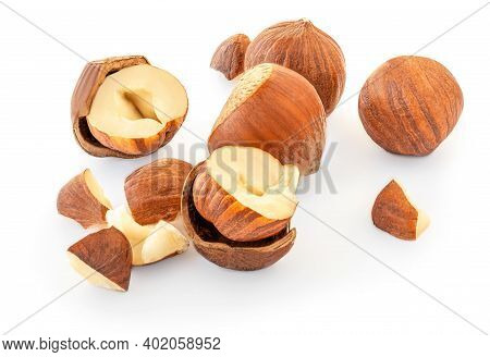 Hazelnuts Isolated On White Background. Top View. Flat Lay
