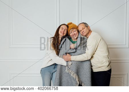 Nice Portrait Of Family With Elderly Mature Woman, Man And Millennial Daughter