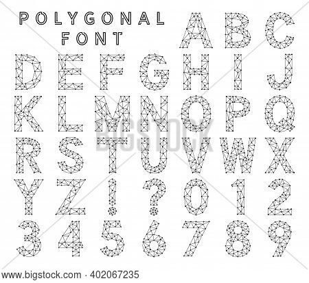 Polygonal Font Made From Lines And Dots. Low Poly Alphabet Letters And Numbers