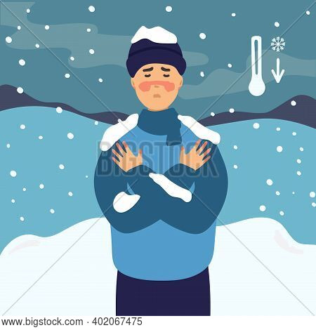 Man Suffering From Frostbite. Male With Frozen Hands In Winter Standing Outside, In The Snow. Flat D