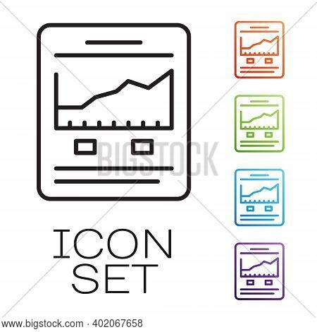 Black Line Website With Stocks Market Growth Graphs And Money Icon Isolated On White Background. Mon