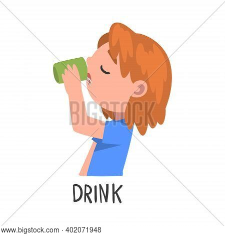Drink Word, The Verb Expressing The Action, Children Education Concept Cartoon Style Vector Illustra