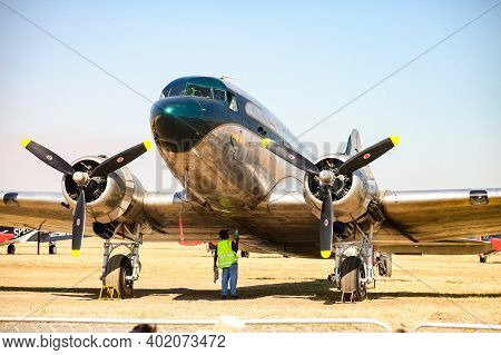 Johannesburg, South Africa - May 22, 2011: Old-school Vintage Propeller Aircraft Parked On Airport T