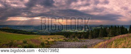 Panoramic View From Wasserkuppe Mountain In Rhoen On Cloudy Summer Evening