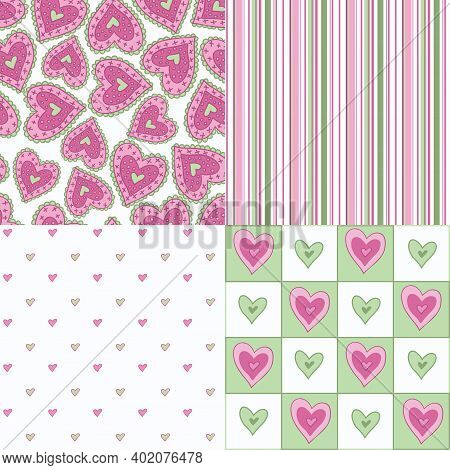 Set Of Four Fun Seamless Patterns. Stripes, Hearts. Pink, Green. Vector.