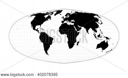 Black World Map On White Background. Foucaut's Sinusoidal Projection. Plan World Geographical Map Wi