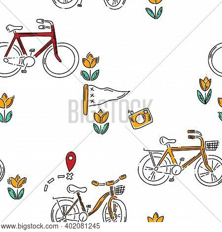 Doodle Pattern With Cheese, Wine, Klomps And Other Other Tourist Stuff. Hand Drawn Pattern In Doodle