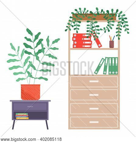 Furniture For Office, Chest Of Drawers With Folders, Stationery In Stand And Green Plant, Office Cab