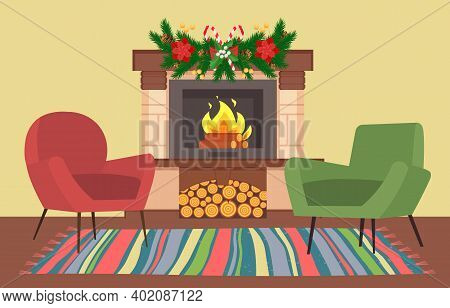 Interior Design Of Room Decorated For Christmas. Soft Armchairs Upholstered In Red Fabric. Interior 