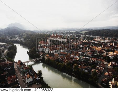 Aerial Panorama Of Historic Old Town Centre Of Fuessen Fussen At Lech River In Ostallgaeu Allgau Swa
