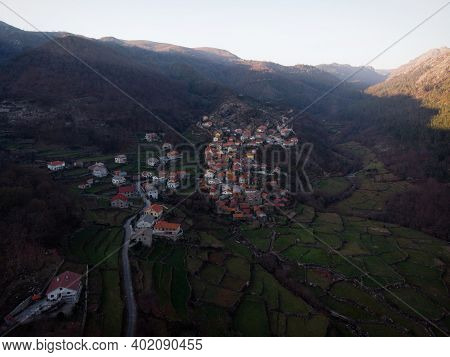 Aerial Panorama Of Idyllic Mountain Village Town Gavieira Agriculture Terraces Arcos De Valdevez Nor