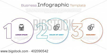 Set Line Glass Money Jar With Coin, Financial Growth And Dollar And Bitcoin. Business Infographic Te